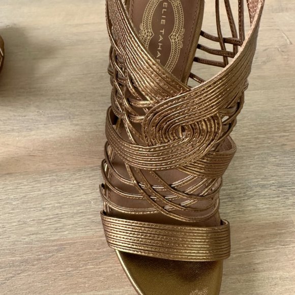 Elie Tahari Metalic Colby Strappy Sandals. (Sandals platform style). GOLD Color - Picture 2 of 8